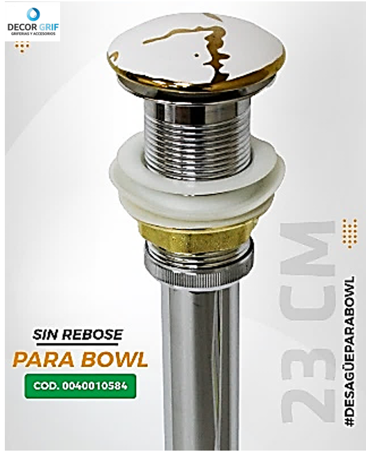 DESAGUE PUSH CERAMICO S/REBOSE P/BOWL (168) MARMOLEADO BLANCO C/DORADO COLA (23 CM)