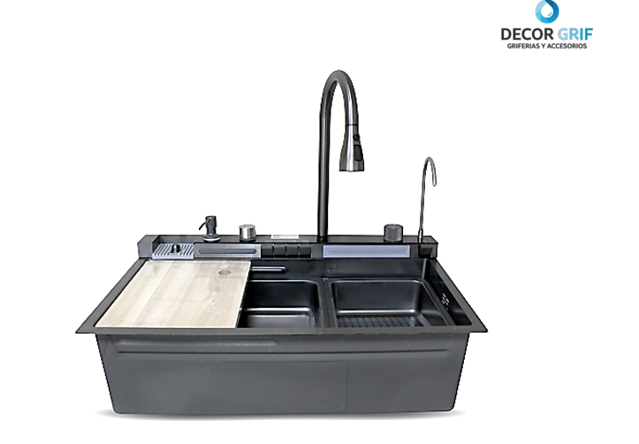 LAVADERO MULTIFUNCIONAL ATLANTIS DE ACERO INOX.BLACK C/MEZCLADORA + FILTRO DE AGUA (4 FUNCIONES) 75X46X23 CM-FRATELLI