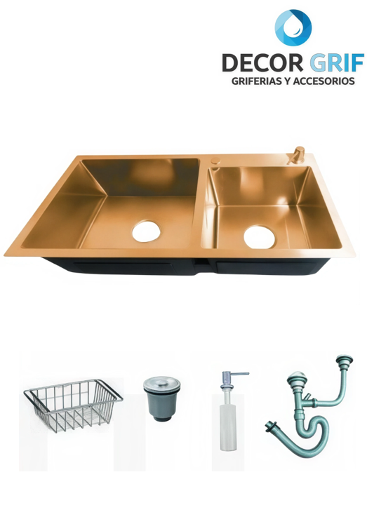 LAVADERO PRIME ACERO INOXIDABLE GOLD DOBLE POZA C/ACCESORIOS 78X43X23CM PRM-7843 FRATELLI