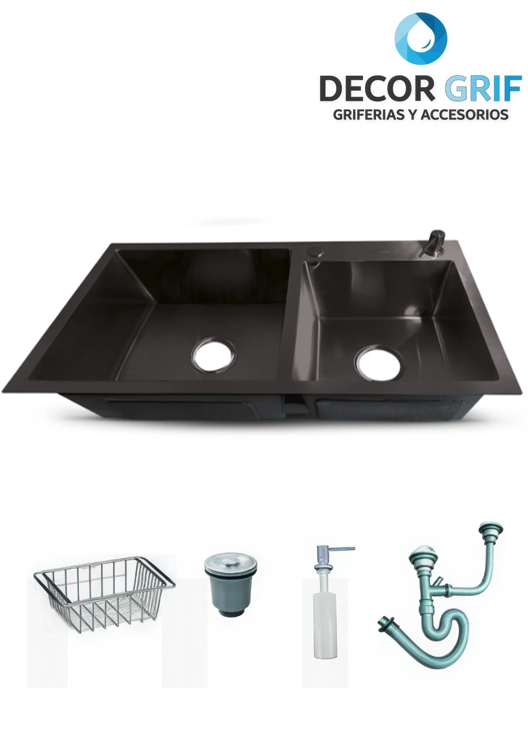 LAVADERO PRIME ACERO INOXIDABLE BLACK DOBLE POZA C/ACCESORIOS 78X43X23CM PRM-7843 FRATELLI