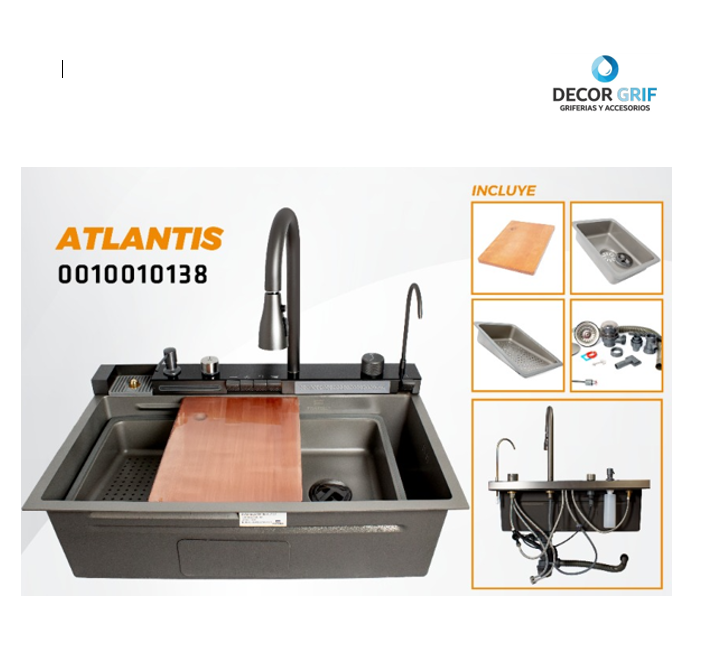 LAVADERO MULTIFUNCIONAL ATLANTIS DE ACERO INOX.GREY C/MEZCLADORA +FILTRO DE AGUA (4 FUNCIONES) 75X46X23 CM-FRATELLI