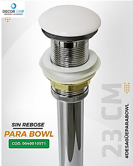 DESAGUE PUSH CERAMICO S/REBOSE P/BOWL BLANCO COLA (23 CM)