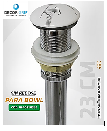 DESAGUE PUSH CERAMICO S/REBOSE P/BOWL (041) MARMOLEADO BLANCO C/GRIS COLA (23 CM)