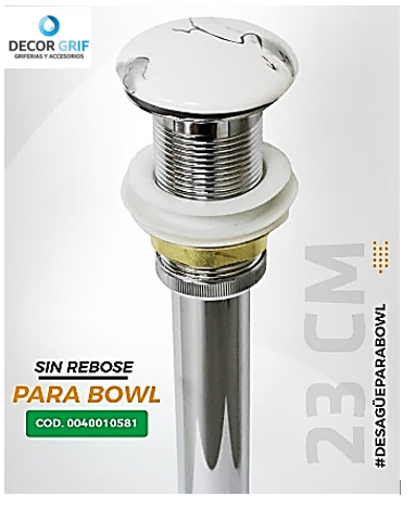 DESAGUE PUSH CERAMICO S/REBOSE P/BOWL (150) MARMOLEADO BLANCO C/GRIS COLA (23 CM)