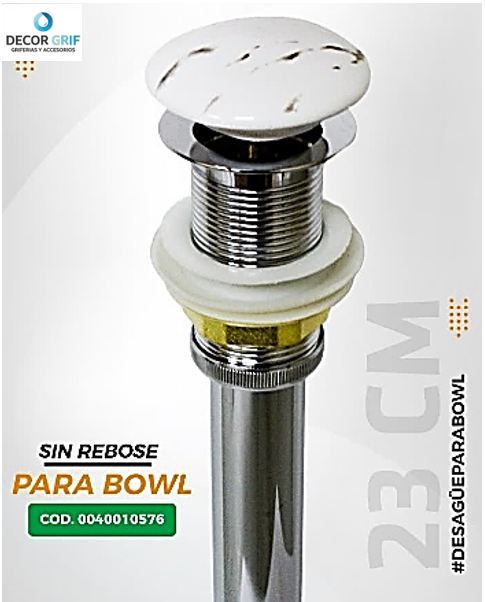 DESAGUE PUSH CERAMICO S/REBOSE P/BOWL (463-7) MARMOLEADO BLANCO C/CELESTE COLA (23 CM)