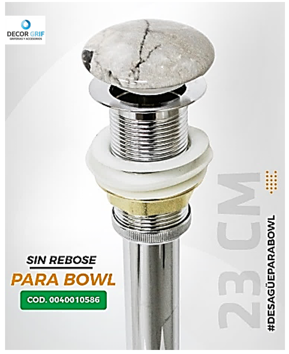 DESAGUE PUSH CERAMICO S/REBOSE P/ BOWL  (153) MARMOLEADO BLANCO  C/GRIS COLA-(23 CM) 