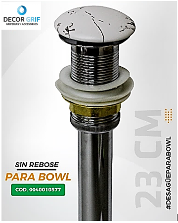 DESAGUE PUSH CERAMICO S/REBOSE P/BOWL (402-2) MARMOLEADO BLANCO C/GRIS COLA (23 CM)