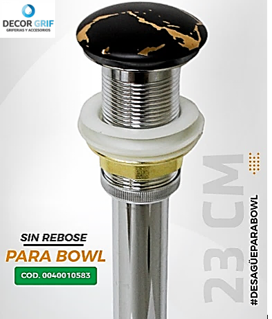 DESAGUE PUSH CERAMICO S/REBOSE P/BOWL (150-B) MARMOLEADO NEGRO C/DORADO COLA (23 CM)
