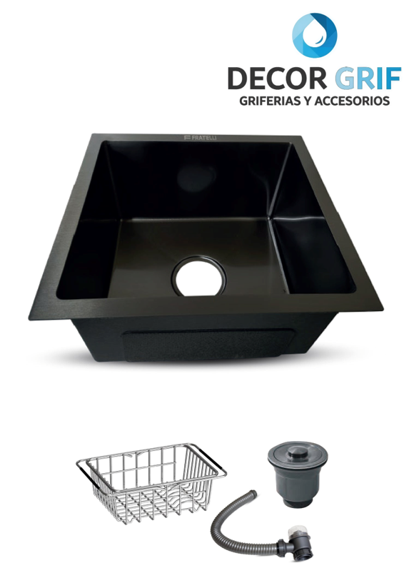 LAVADERO PRIME ACERO INOXIDABLE BLACK C/DESAGUE Y CANASTILLA 43X39X23CM PRM-4339 FRATELLI