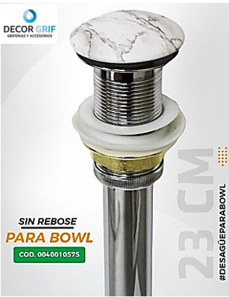 DESAGUE PUSH CERAMICO S/REBOSE P/BOWL (463-6) MARMOLEADO BLANCO C/GRIS COLA (23 CM)